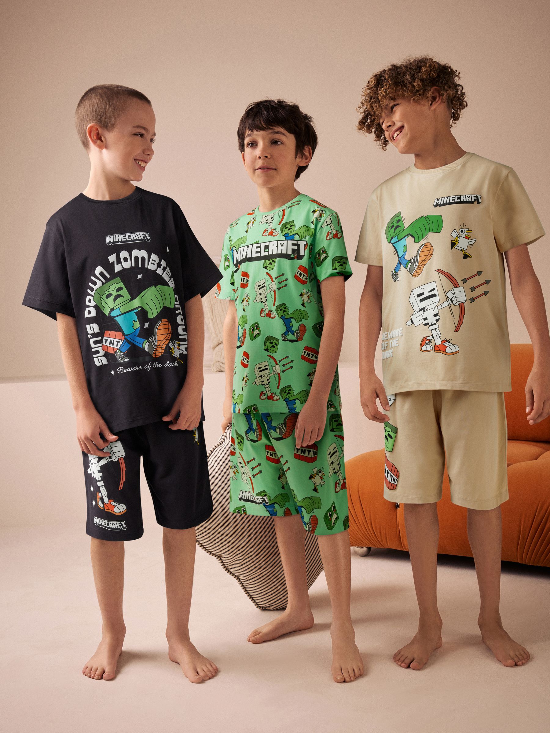 Zwart/Groen/kiezelkleurig - Minecraft 100% katoenen korte pyjama's 3 verpakking (3-16jr)
