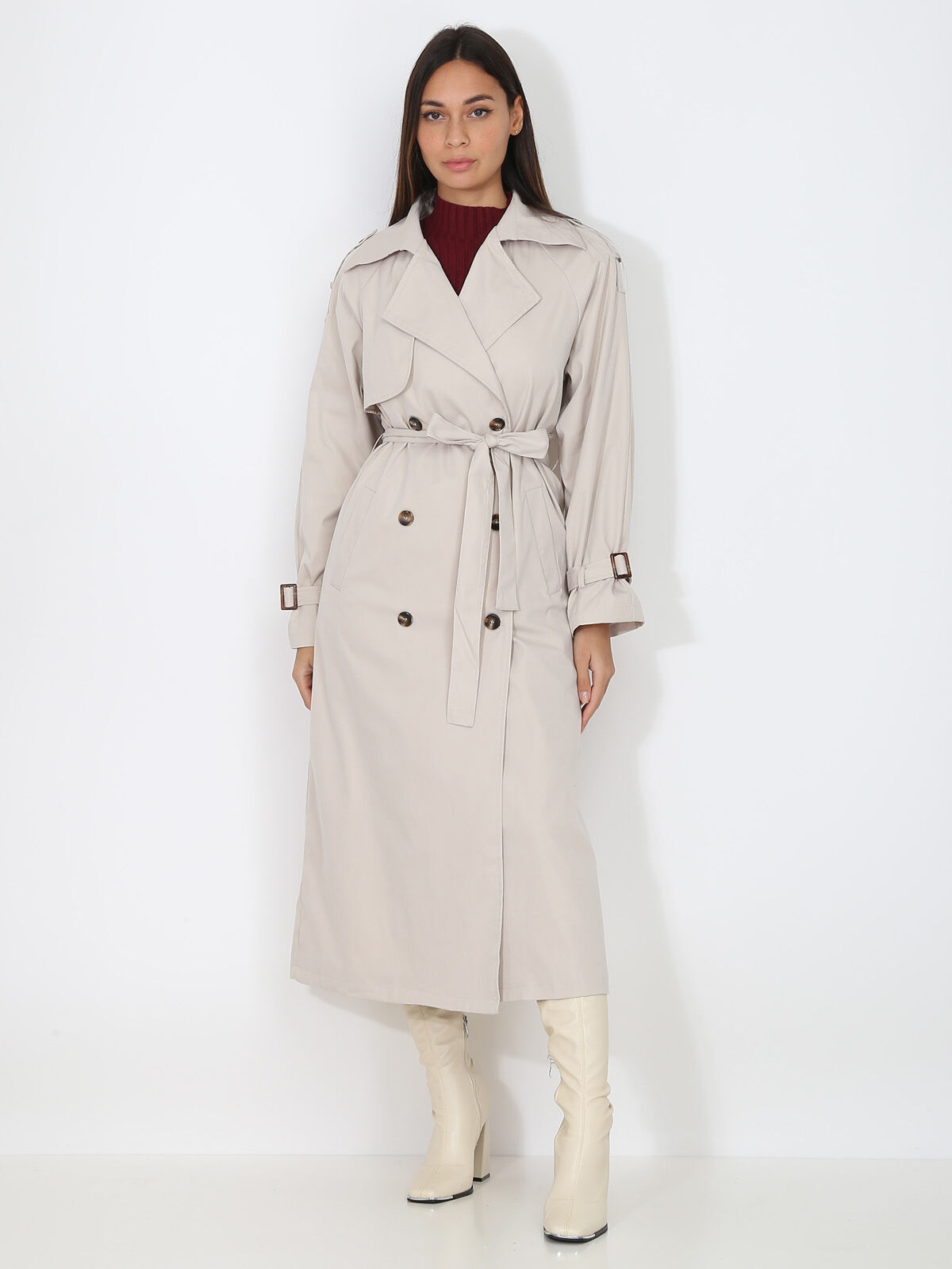 Trench long à ceinture nouée- Beige
