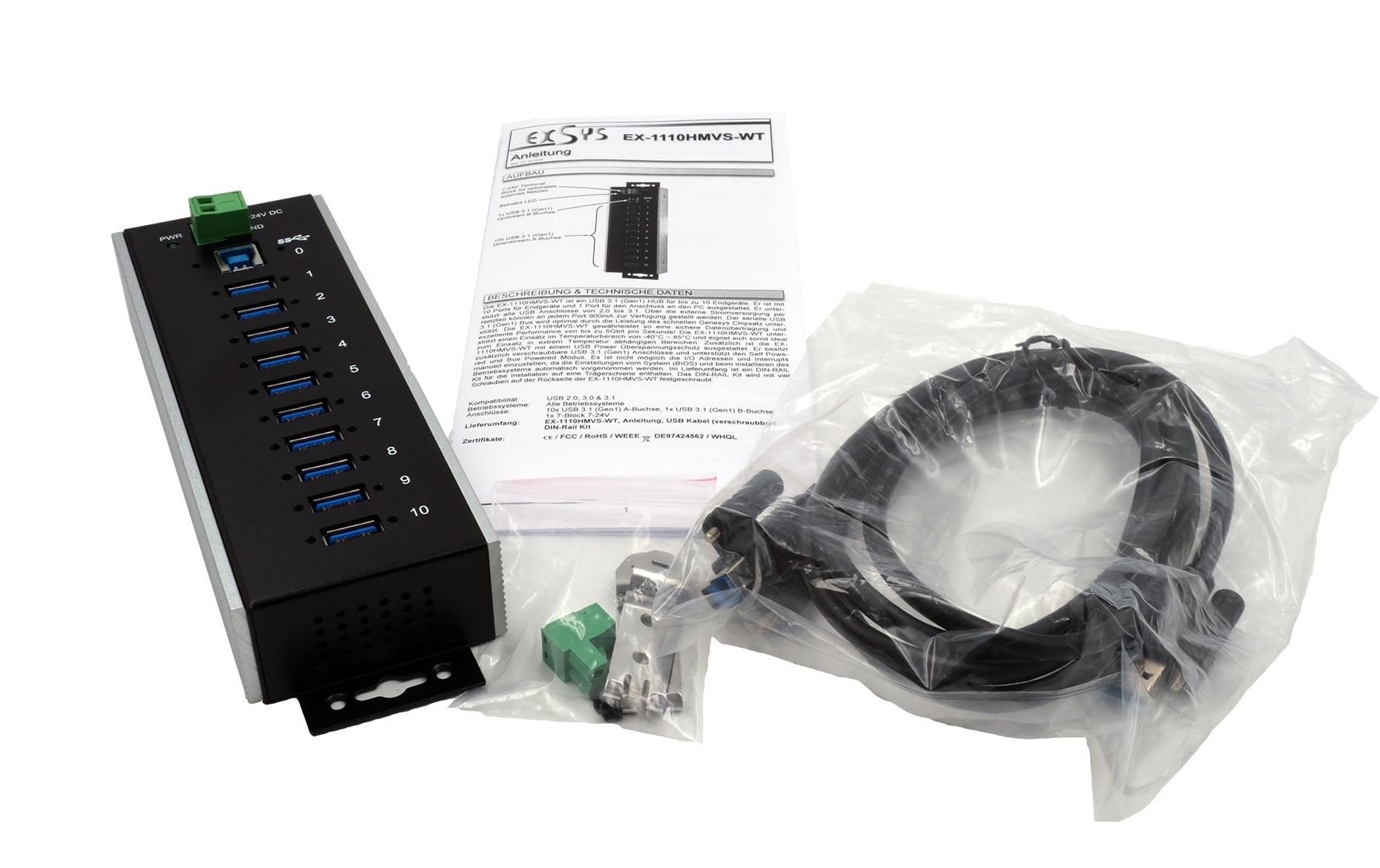 USB-Hub EX-1110HMVS-WT<br>10 Port USB 3.2 Gen 1 Metall HUB für Temperaturen von -40 °C bis +85 °C Grad
