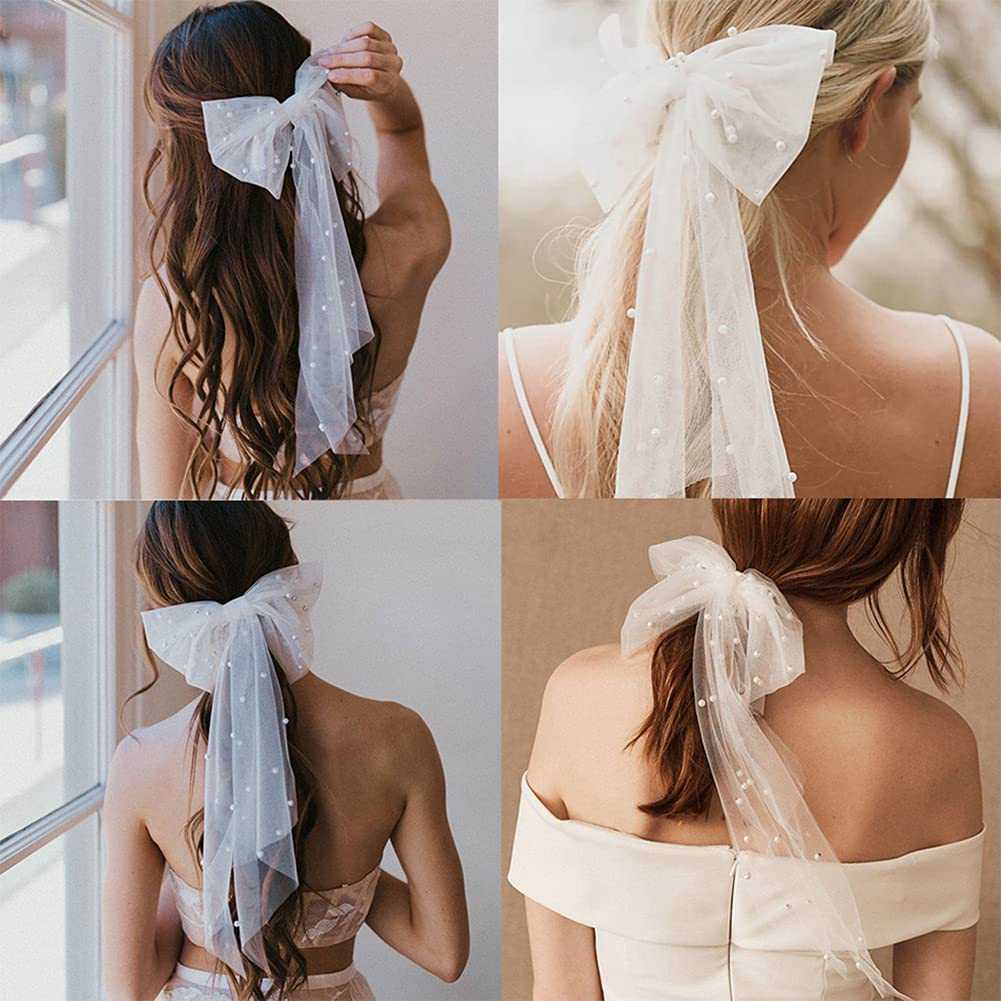 (38cm) Bride Party Accessoire Tüll Schleife Schleier Haarspange für Junggesellinnenabschied - Weiss