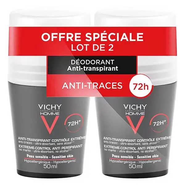 Desodorante antitranspirante roll-on Vichy Men's 72h Extreme Control, pacote com 2 unidades de 50ml