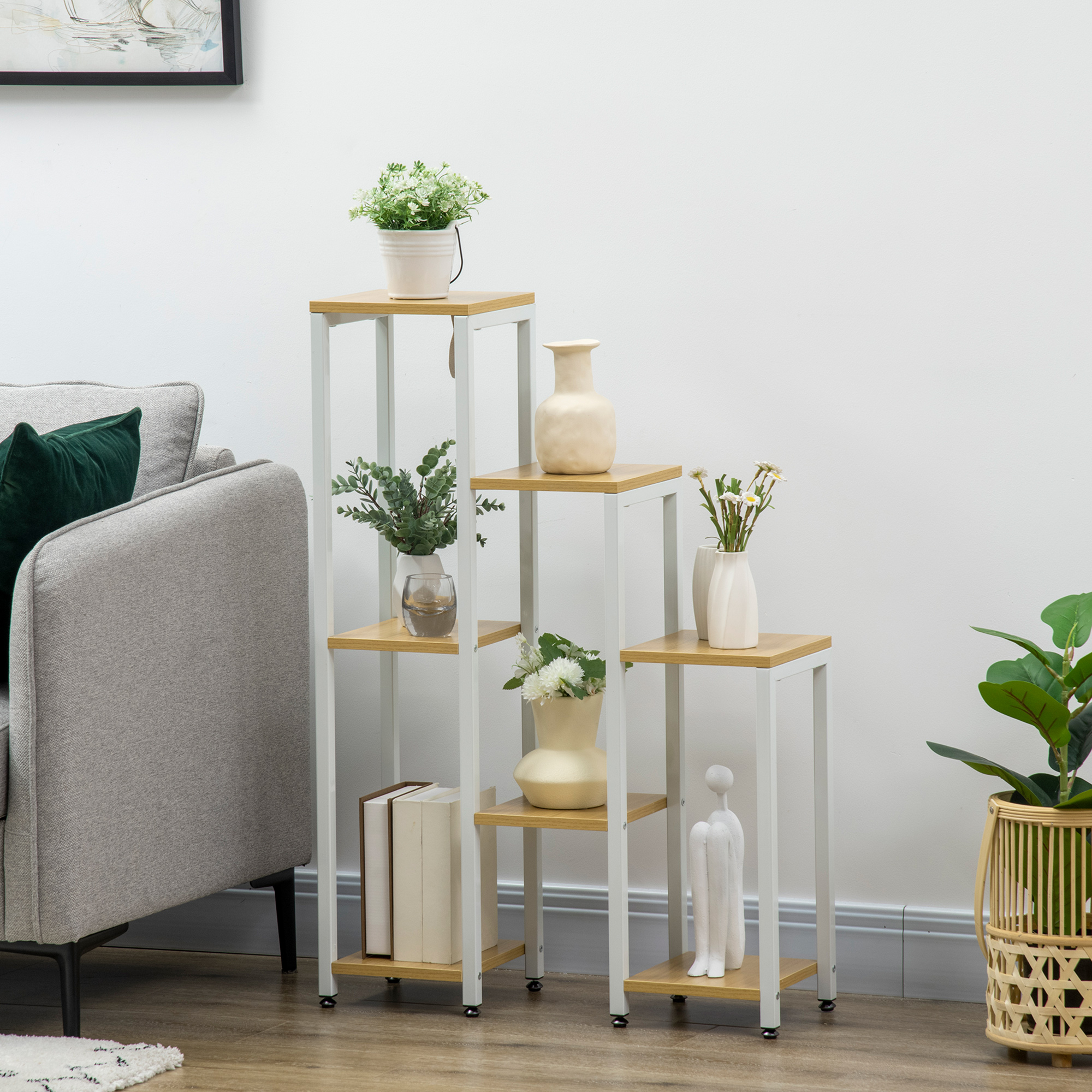 Suporte para plantas Outsunny, expositor de vasos de flores com 7 prateleiras e estrutura de aço para uso interno e externo, 65x23x94,5 cm, cores natural e branca.