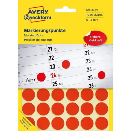 Avery Zweckform 3374 Markierungspunkte Ø 18 mm, 22 Bogen/1.056 Etiketten, rot