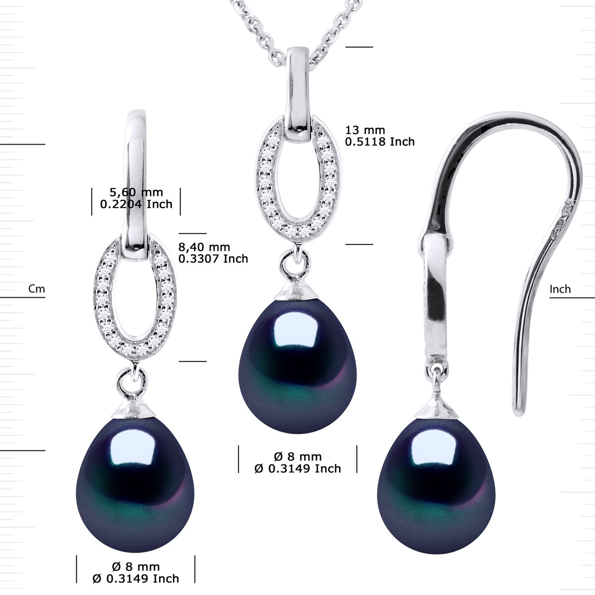Parure NORMANDY Collier & Boucles d'Oreilles Pendantes Perles d'Eau Douce Noires Argent 925