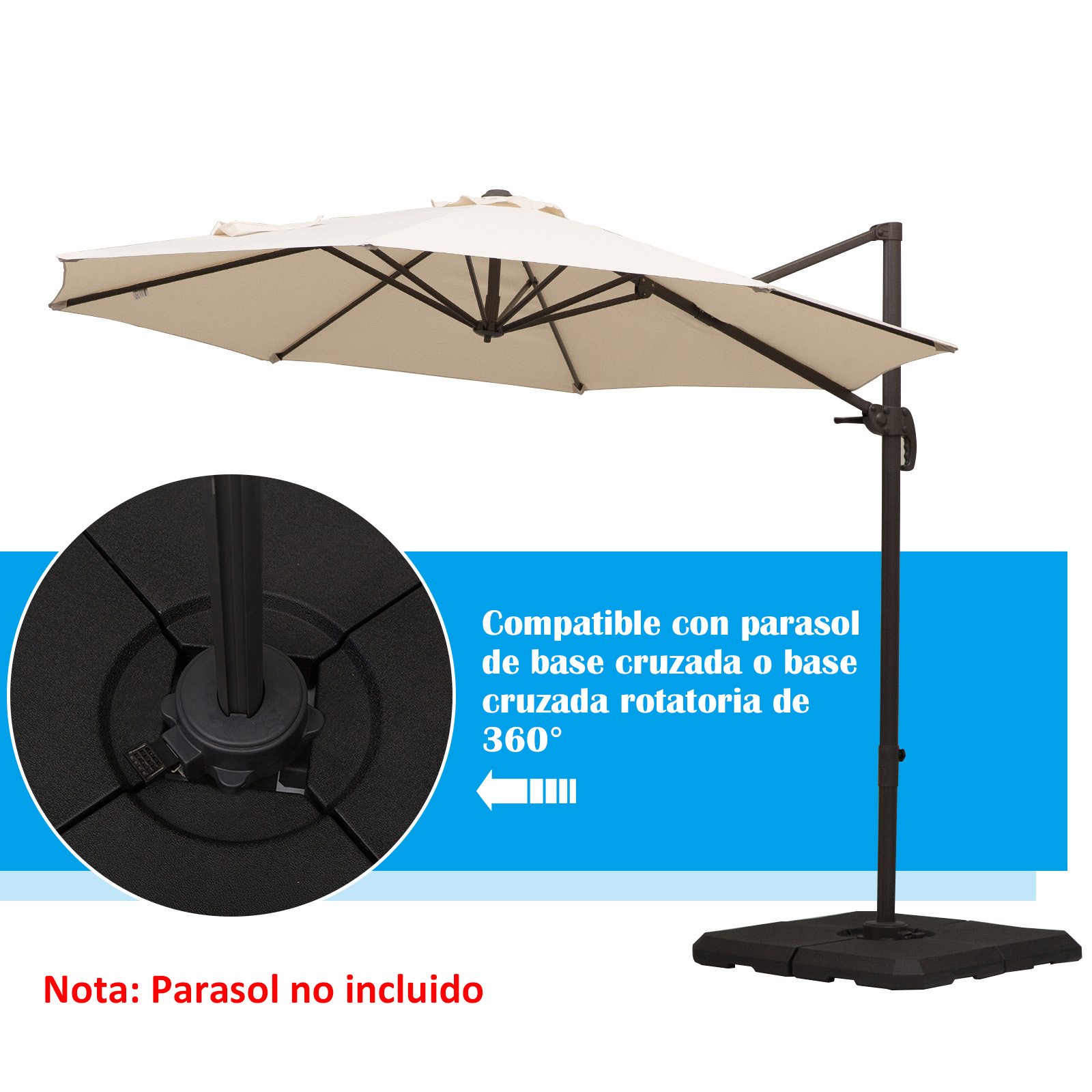 Conjunto de 4 peças Outsunny com base para guarda-sol, ideal para pátio ou jardim. Pode ser preenchido com até 80 kg de água ou 120 kg de areia. Estável, mede 100 x 100 x 9,5 cm e é preto.
