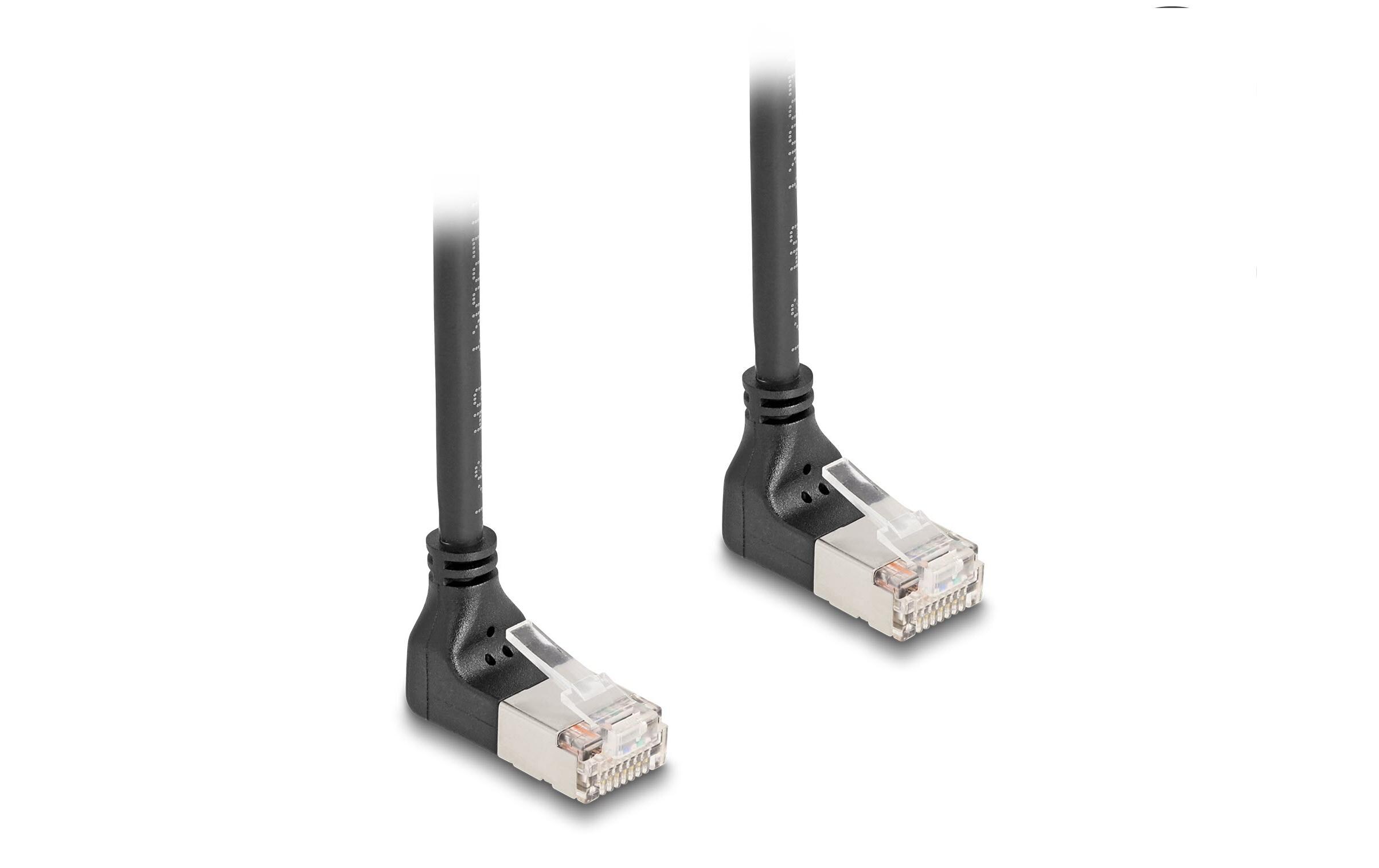 Patchkabel 90° oben gewinkelt Cat 6A, S/FTP, 5 m, SchwarzDelock RJ45 Netzwerkkabel Cat.6A S/FTP Slim 90° oben / oben gewinkelt 5 m schwarz