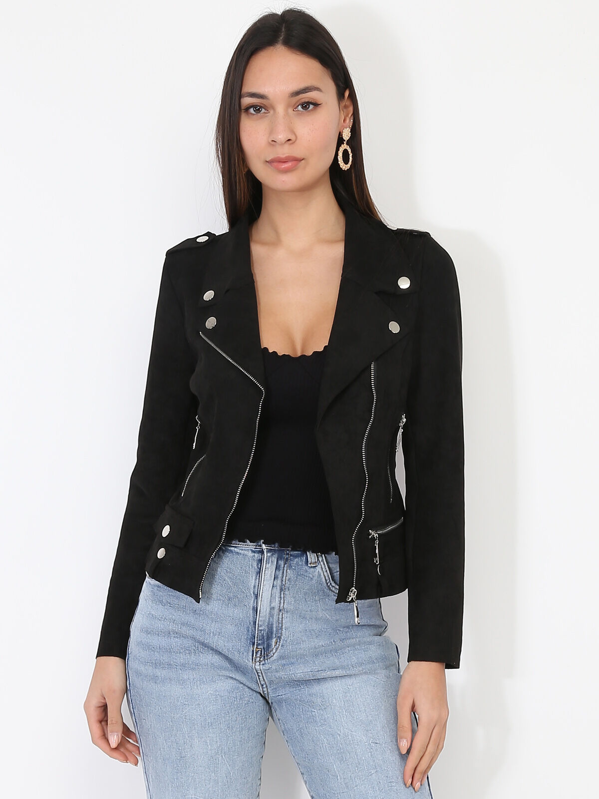 Veste biker ajustée en suédine- Noir
