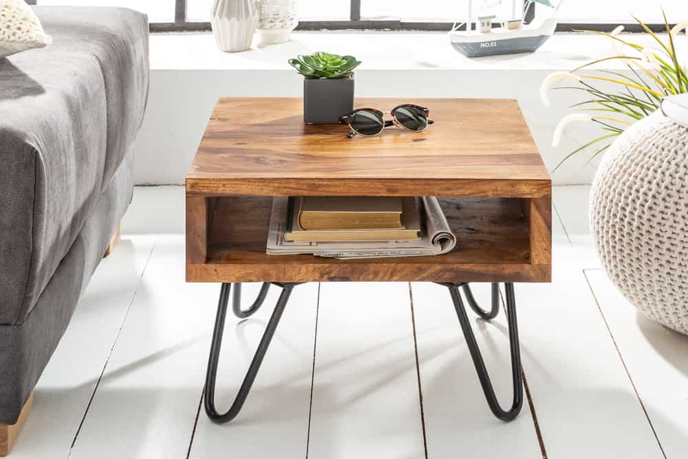Massivholz Beistelltisch SCORPION 45cm braun Sheesham stone finish Hairpin Legs Stauraum