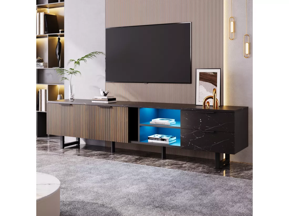 Meuble TV avec 2 portes, 2 tiroirs et 2 niches - 200 x 38 x 50 cm - LEDs - Bois MDF - Noir + bois