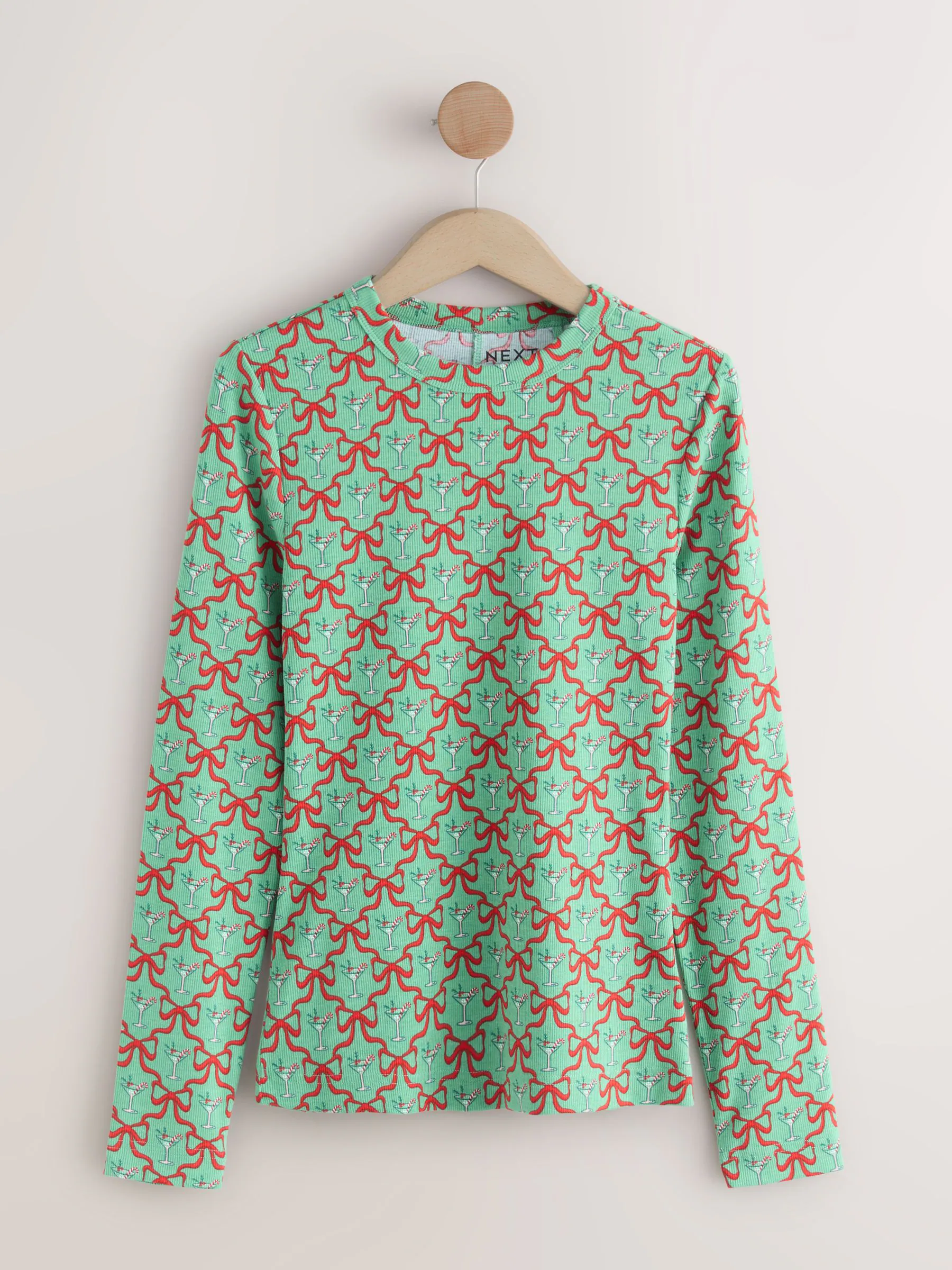 Groen/ecru - Set van 2 kerst ribtops met strik en lange mouwen