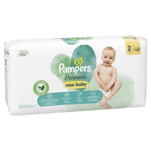 Fraldas Pampers Harmonie Tamanho 2, Pacote com 48 Fraldas, para Bebês de 4kg a 8kg, Proteção Suave para a Pele