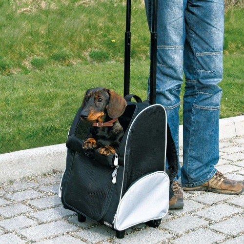 Mochila preta para animais de estimação com carrinho.