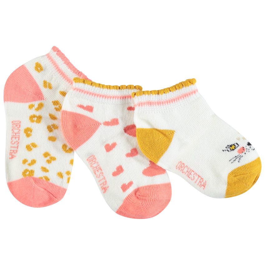 Lot de 3 paires de chaussettes motifs coeurs et léopard - Ecru
