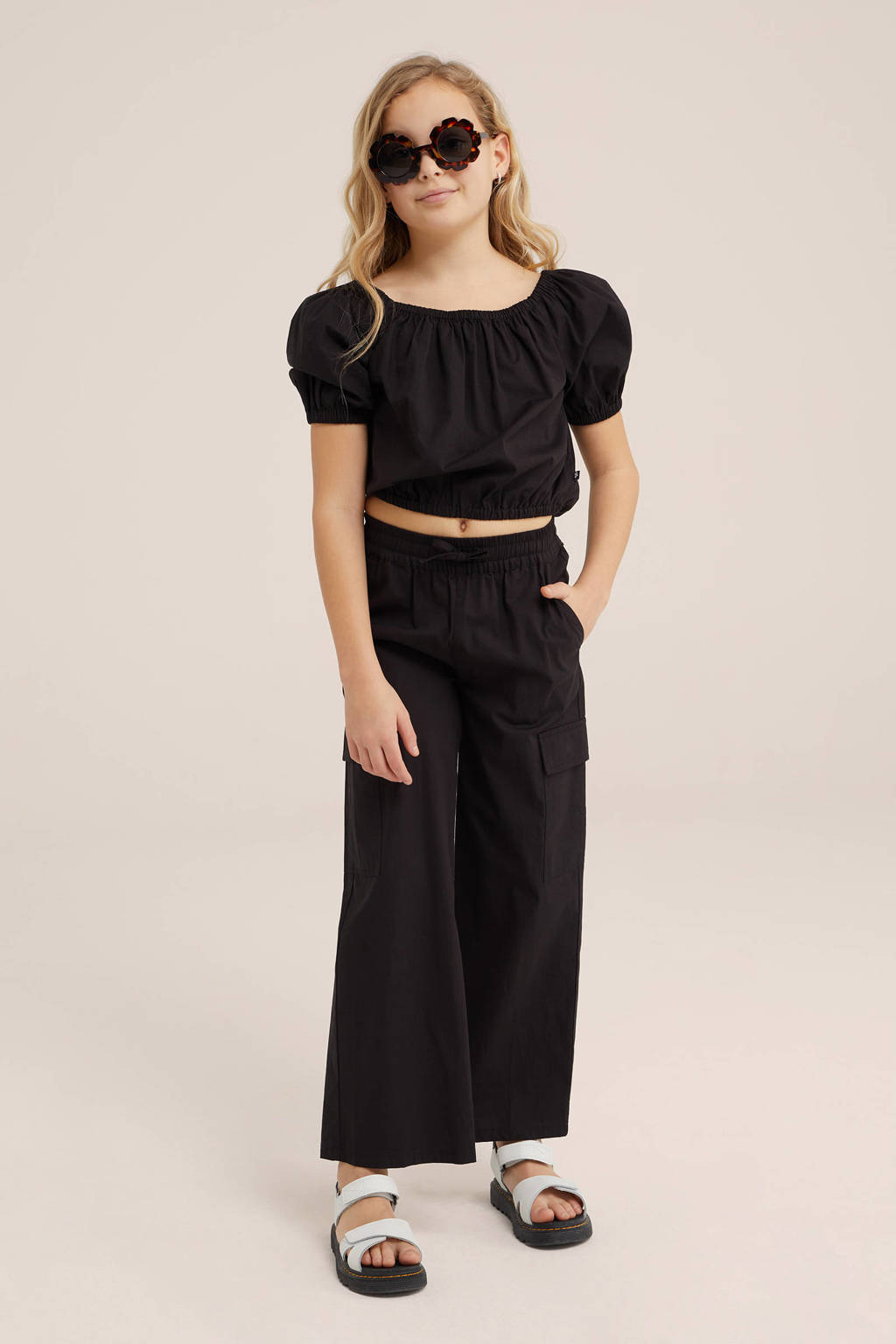 WE Fashion wide leg cargobroek zwart