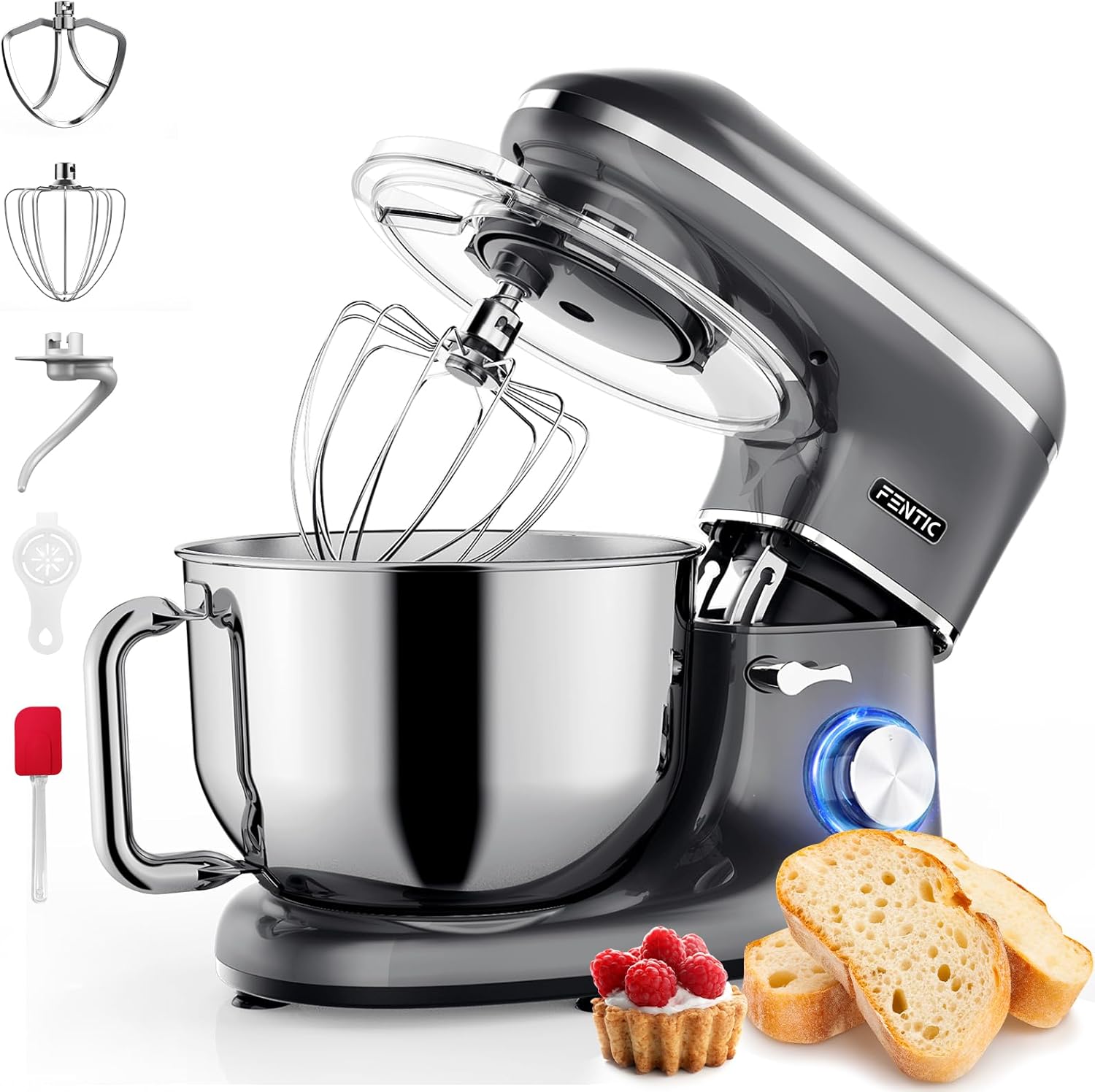 Küchenmaschine - 2000W - Edelstahl Rührschüssel (6,2 L) - Knetmaschine mit Rührhaken, Knethaken, Schlagbesen und Spritzschutz - Inkl. zusätzlichem Zubehör - Anthrazit