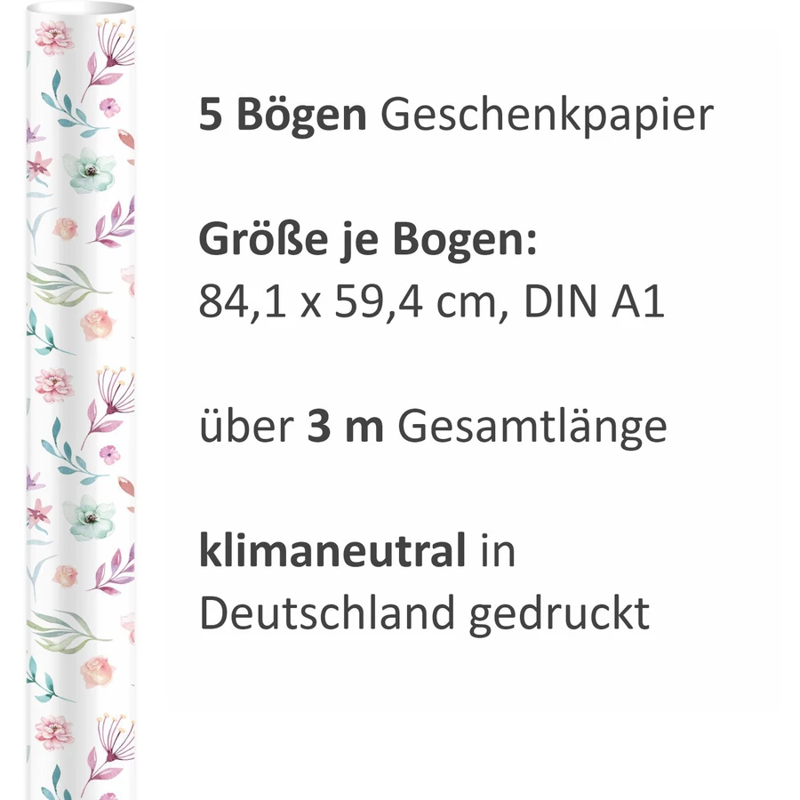 Nikima Geschenkpapier 5 Bögen BlumenFedern bunt Aquarell – 1,60€qm Größe: - 84,1 x 59,4 cm bunt