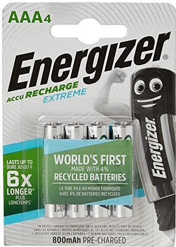 Energizer Accu Recharge 800mAh AAA Extreme 1.2V batterijen, 4 batterijen