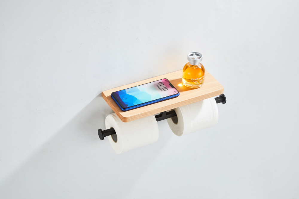 Saniclear Lumber dubbele toilet rolhouder met plank mat zwart walnoothout
