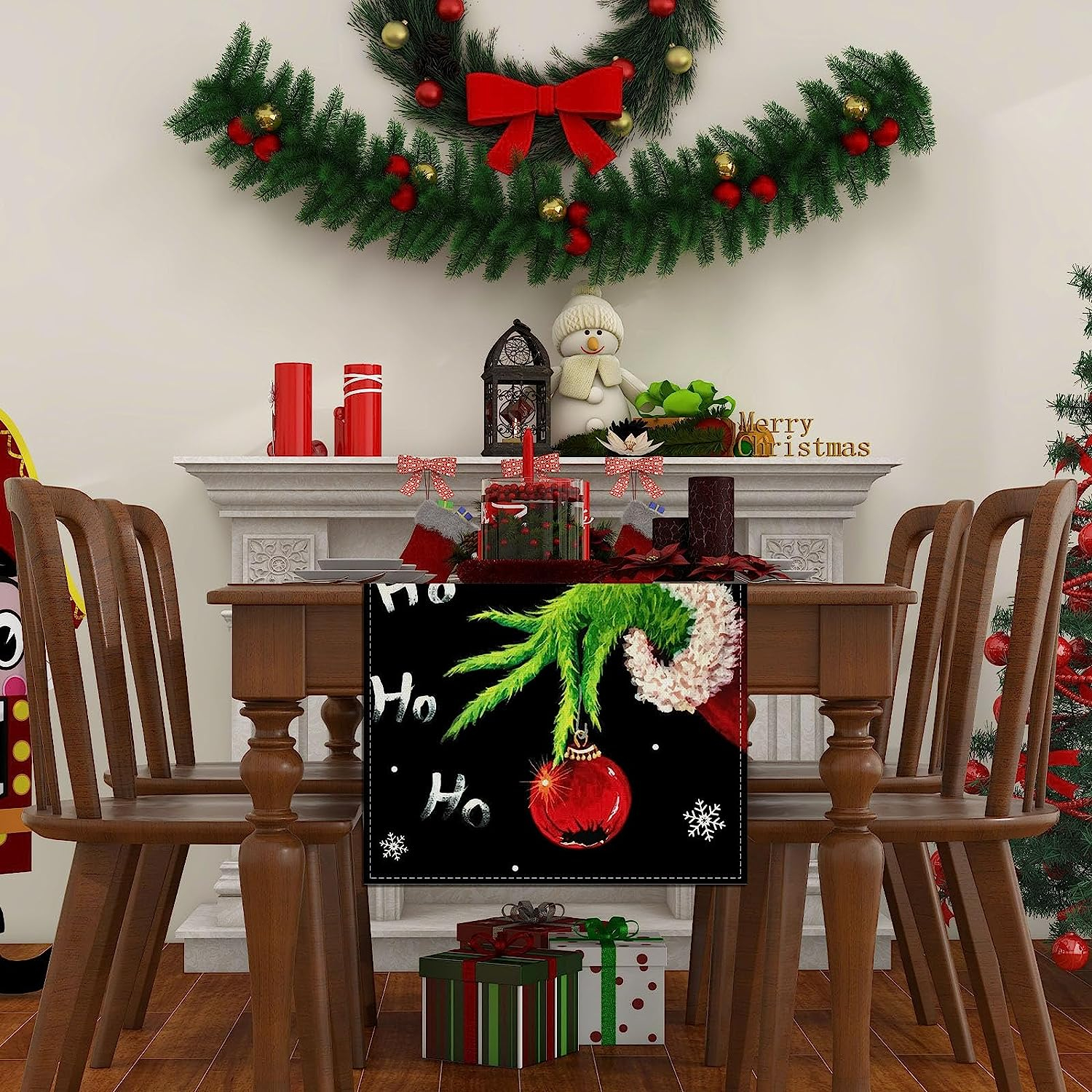 (183x34cm) Weihnachts Tischläufer Christmas Tischtuch Home Deko - Grüner Bösewicht Hand