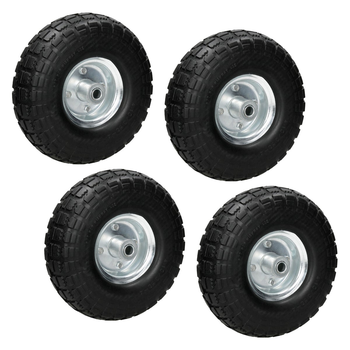 ECD Germany 4-delige set steekwagenwielen, blokprofiel, van lekvrij massief PU-rubber, 4.10/3.50-4 Ø260x85mm, met kogellagers en stalen velg, 130kg, zwart, wagenwiel, steekwagenwiel, reservewiel, band