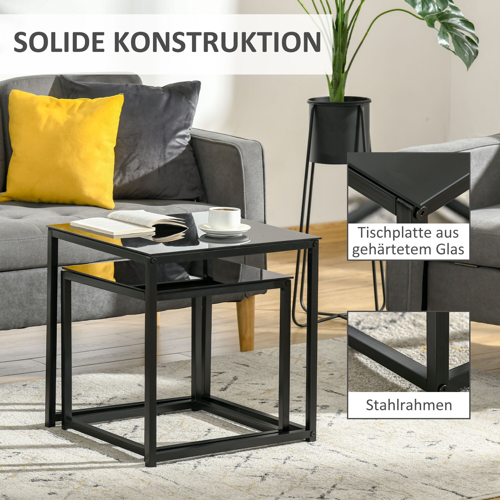 HOMCOM Couchtisch-Set mit Glastischplatte schwarz 50L x 50B x 52H cm