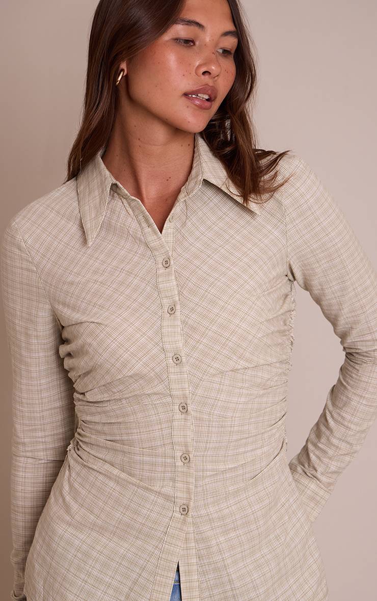 Vert Chemise Ajustée À Carreaux Avec Détail Froncé Sur Les Côtés