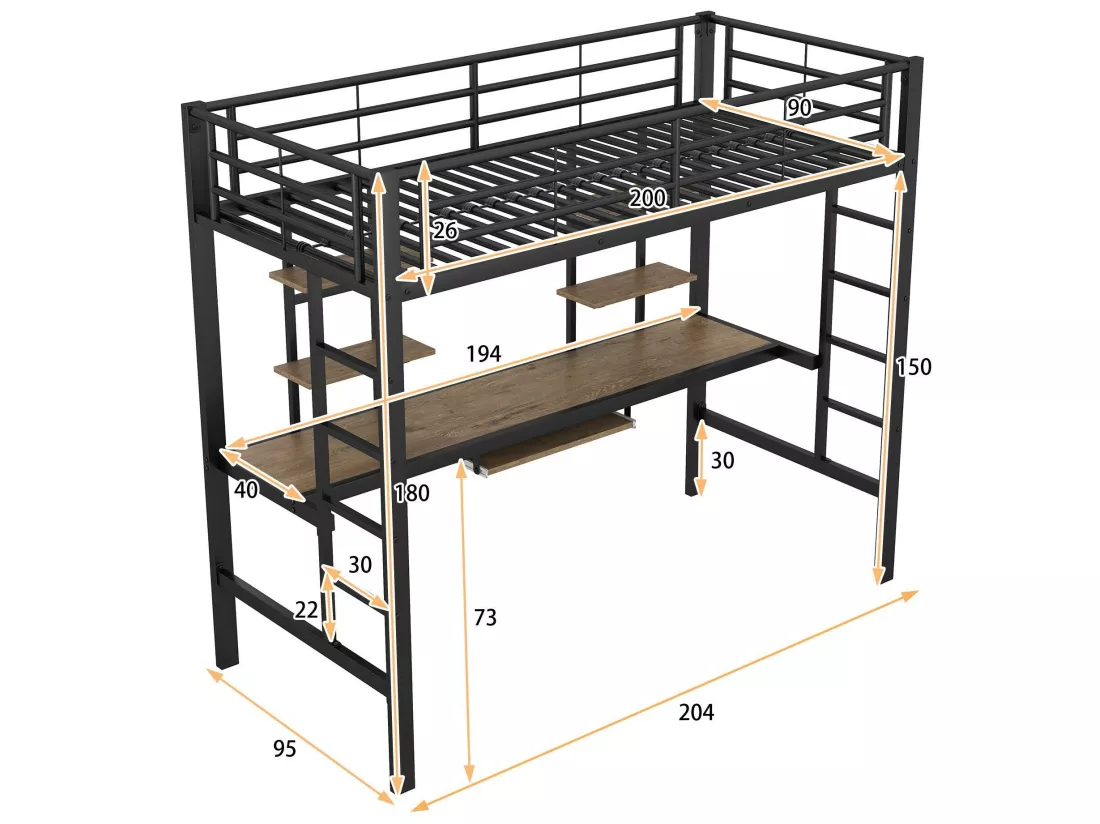 Lit mezzanine 90x200cm - avec bureau et étagères - cadre en métal - Noir