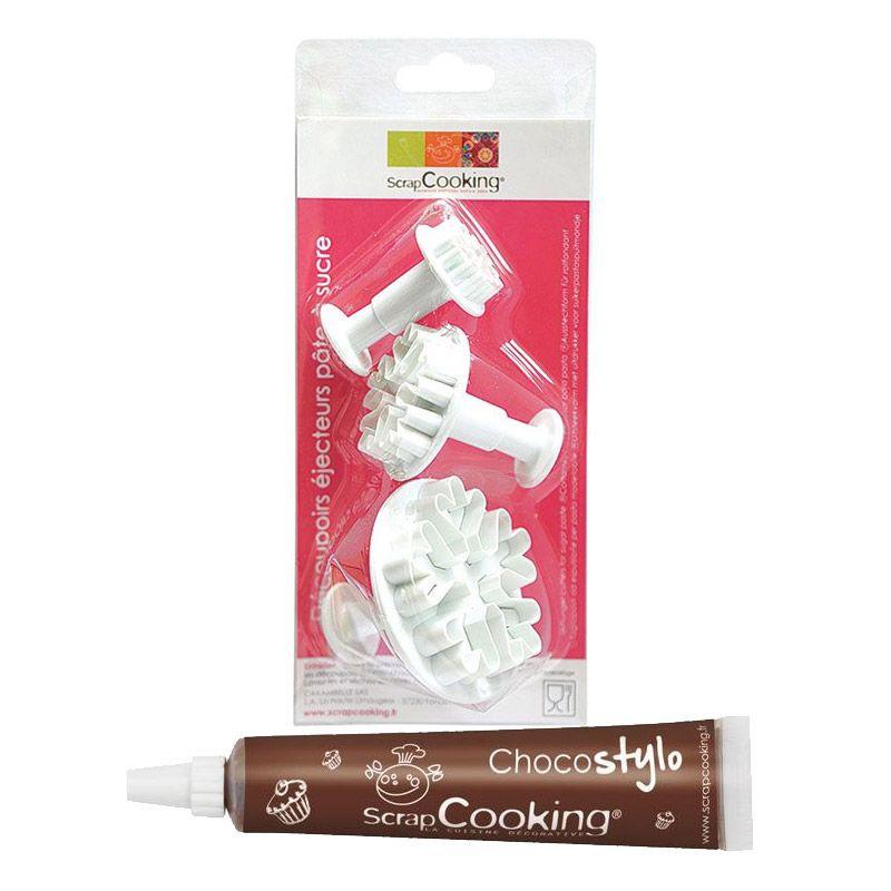 3 découpoirs et éjecteurs à pâte à sucre Flocons + 1 Stylo chocolat Sc