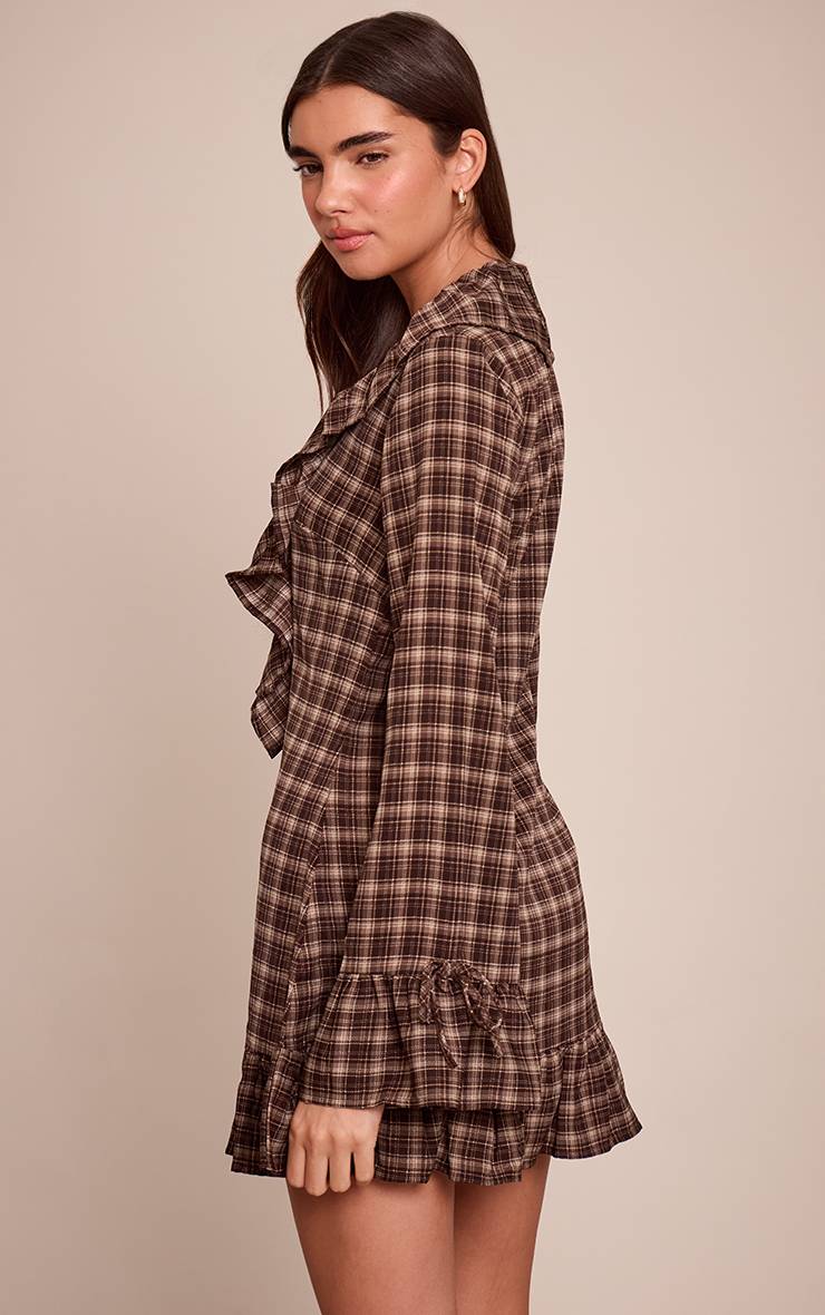 Marron Robe Mini Droite À Carreaux Avec Volants Et Manches Longues