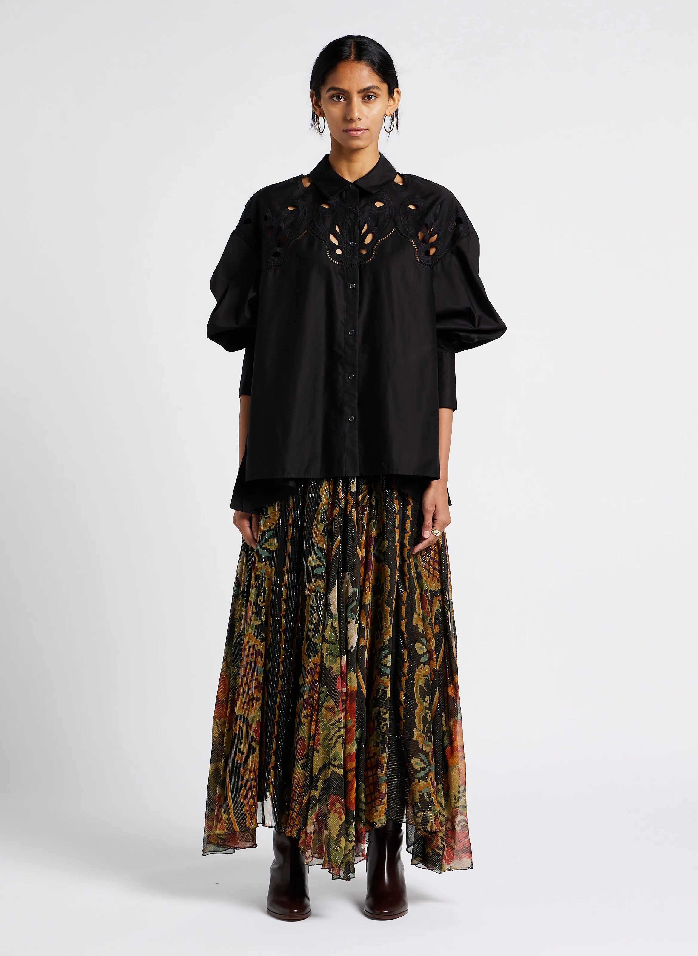 ROOTS - Blouse col classique ajourée en coton mélangé | Noir