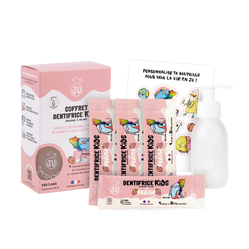 Coffret dentifrice en poudre Fraise 4 recharges + 1 flacon + stickers
