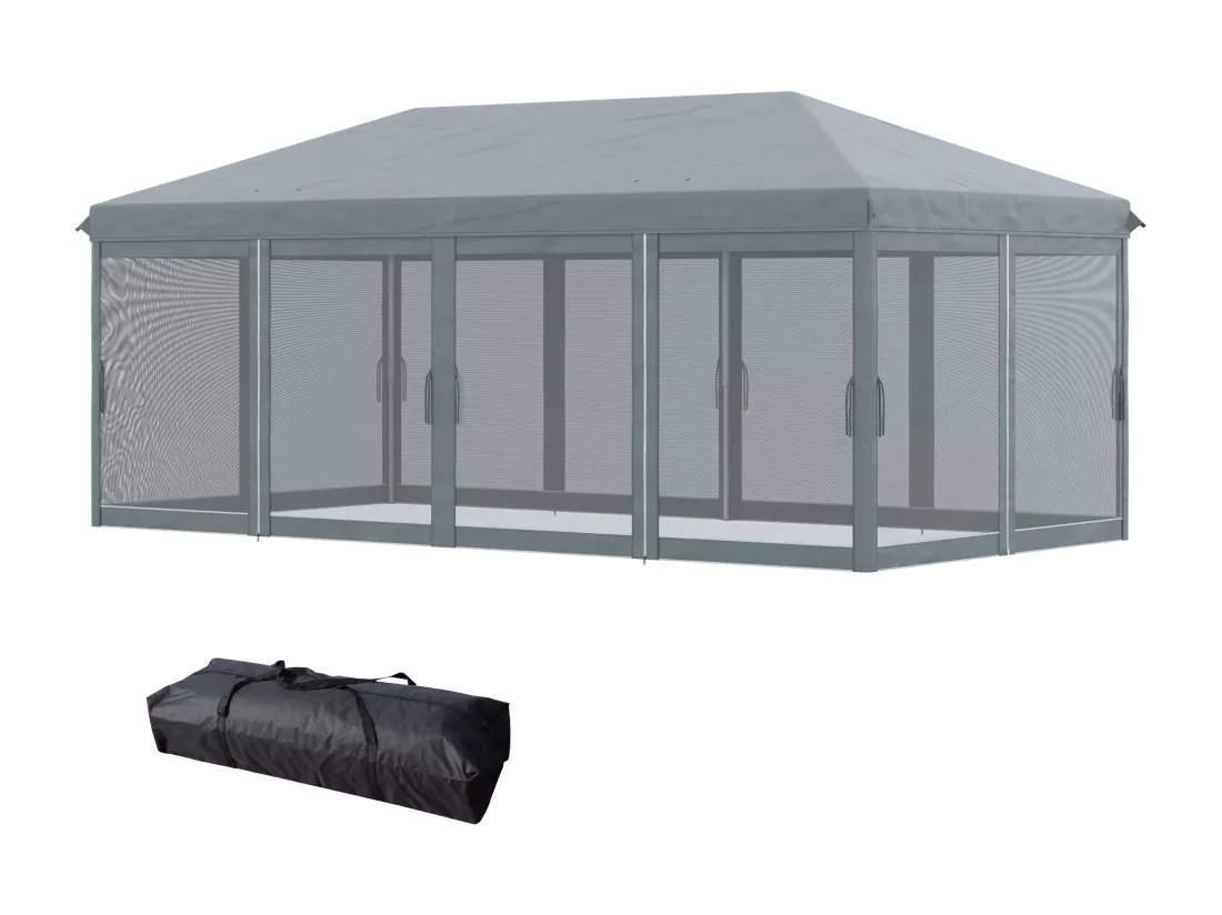 Tonnelle barnum pliant style colonial dim. 5,85L x 2,95l x 2,7H m 6 moustiquaires sac de transport gris