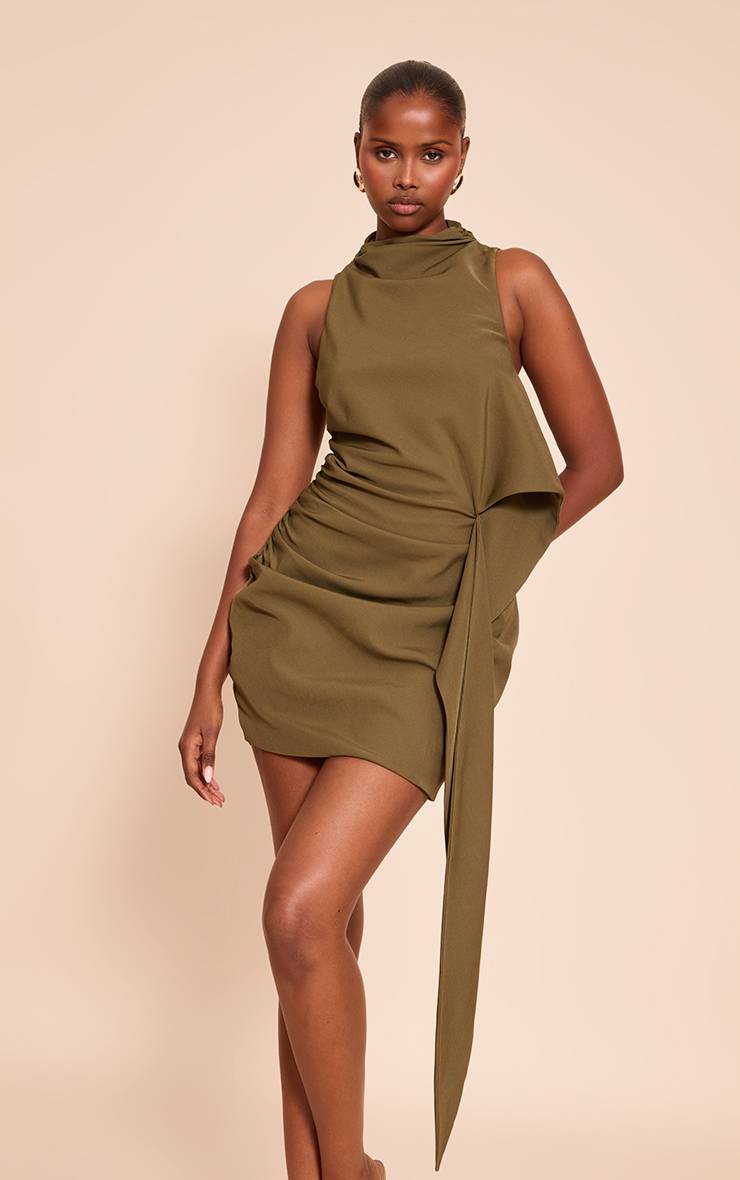Vert Olive Robe Mini Drapée À Col Montant En Tissu Tissé
