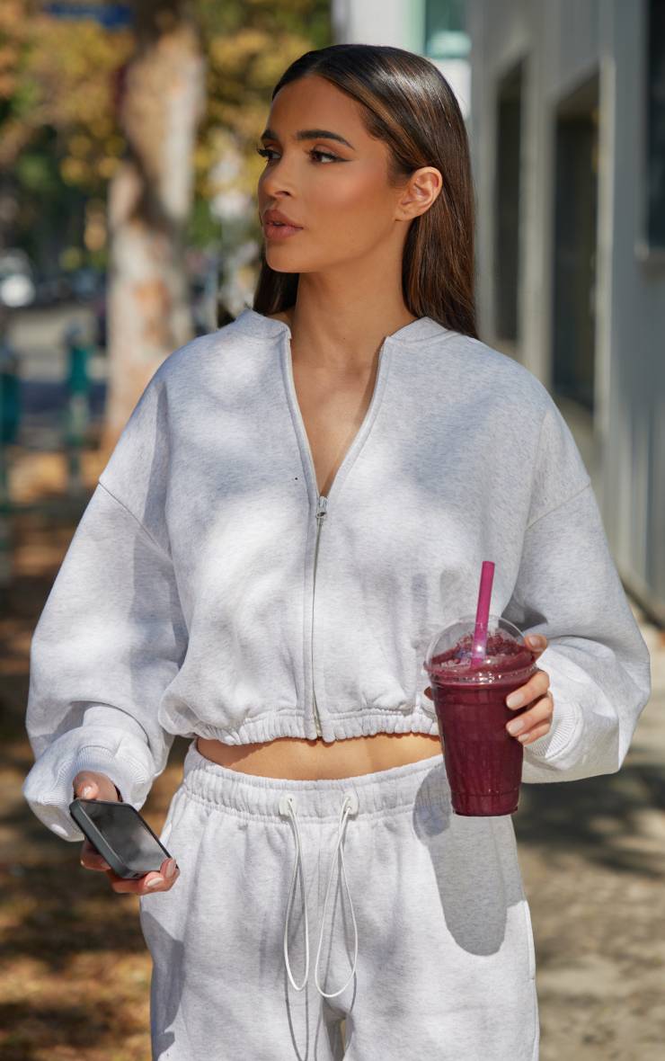 Gris Cendré Sweat-shirt Court Zippé Avec Cordon De Serrage À La Taille