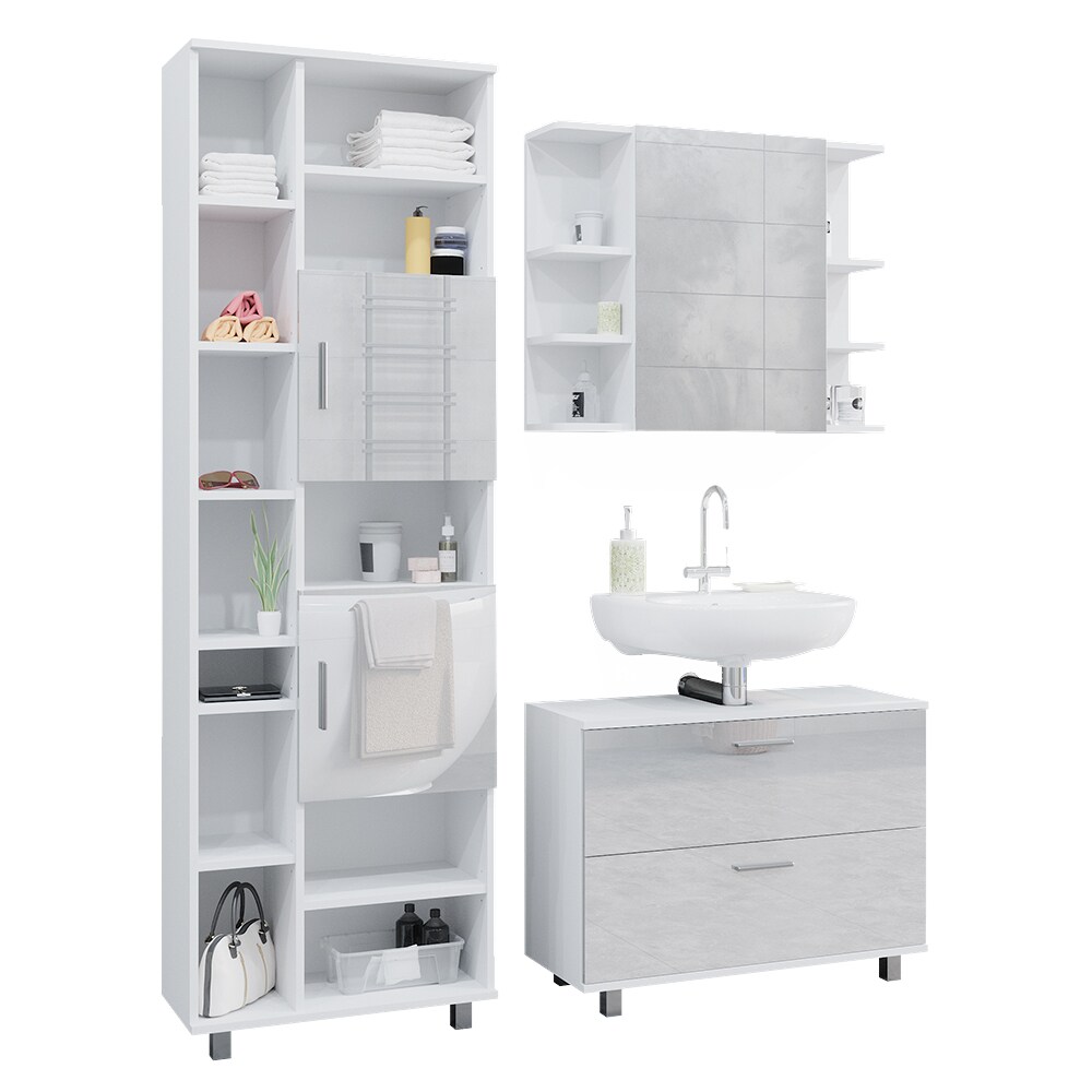 Vicco Badmöbel-Set Ilias Weiß Hochglanz modern Waschtischunterschrank Spiegelschrank Hochschrank