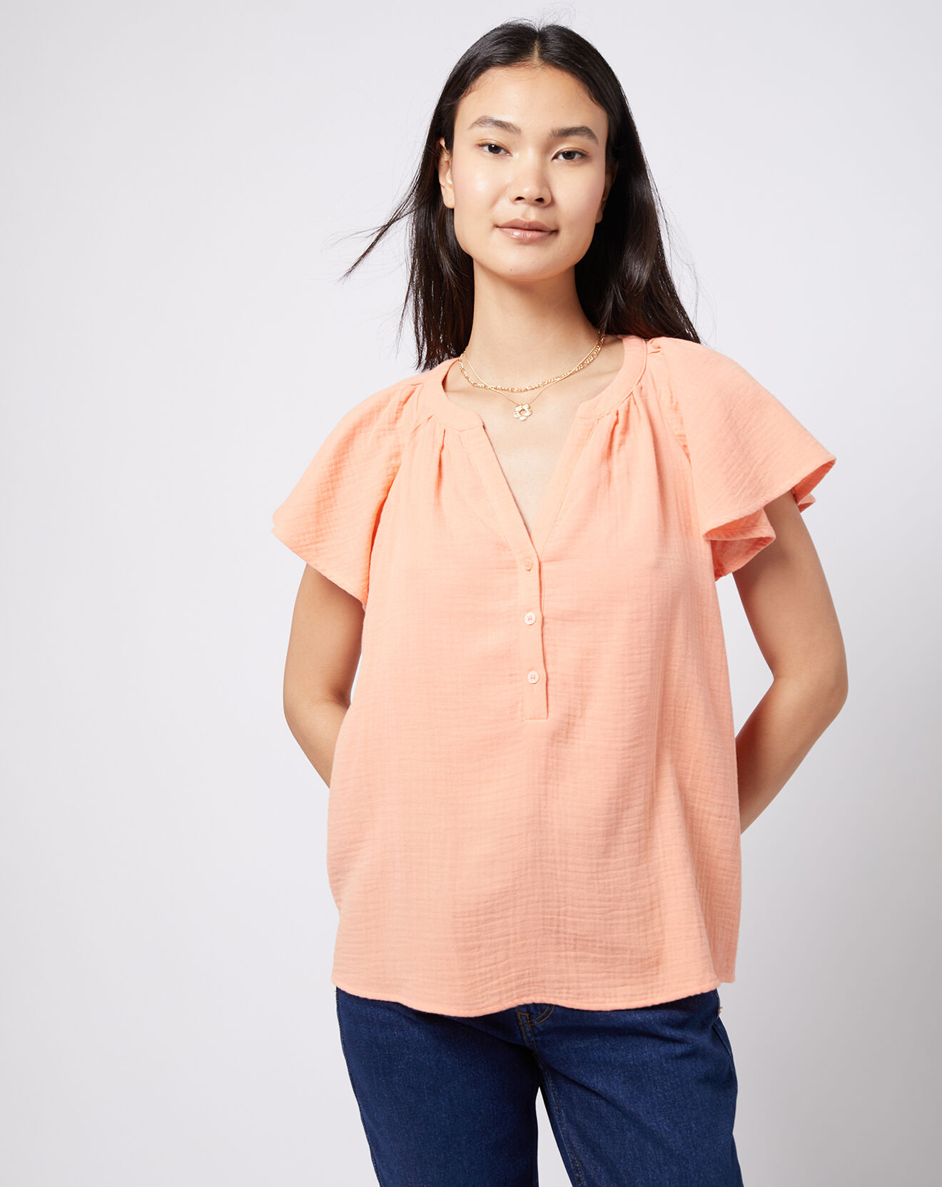 Esprit Blouse en Gaze de Coton pêche