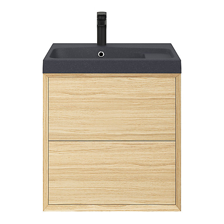 Meuble sous vasque à suspendre GoodHome Avela placage chêne 60 cm + Plan vasque en résine noir Mila