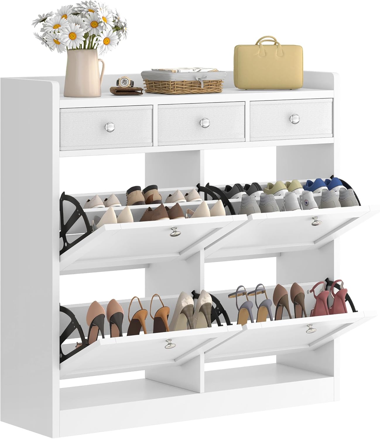 YITAHOME Schuhschrank mit 4 Klappen, Schuhregal Schuhkipper Schmal, Schuhregal mit 8 Ablageflächen Verstellbar, Schuhkommode Schuhschrank mit Schublade 100 x 25 x 85 cm für den Eingang, Flur (Weiß)