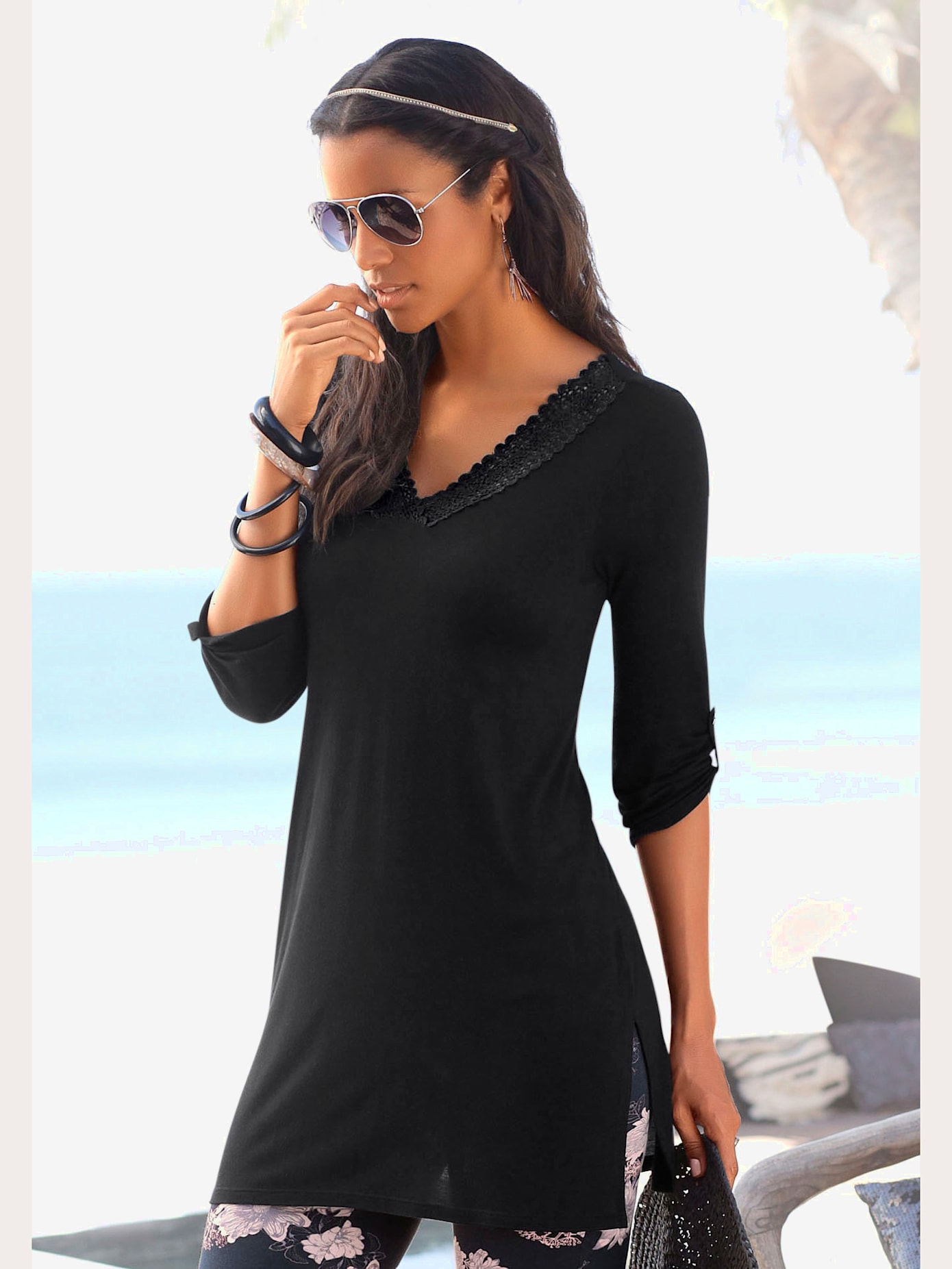 T-shirt long élégante bordure dentelle
