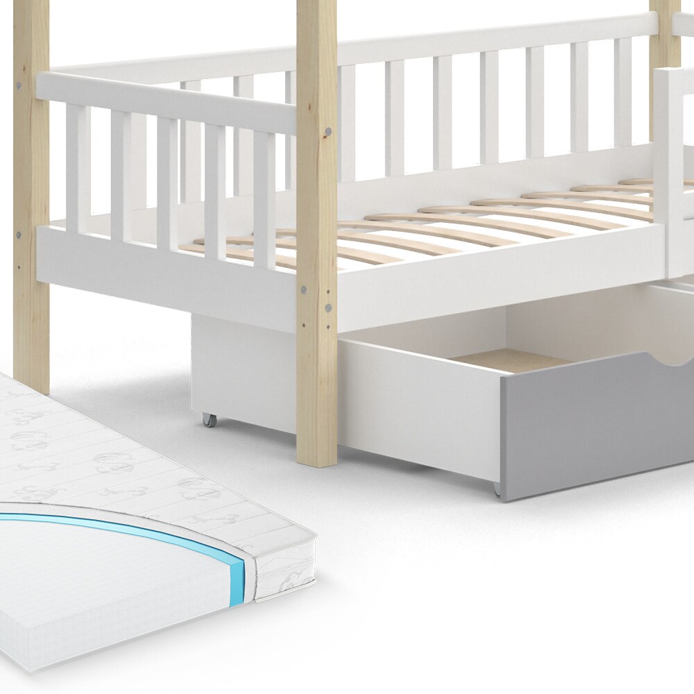 VitaliSpa Kinderbett Hausbett Einzelbett Design Weiß Grau Natur modern 80x160 cm Kinderzimmer Bett Massivholz Lattenrost Schublade Rausfallschutz Schubladenbett Matratze