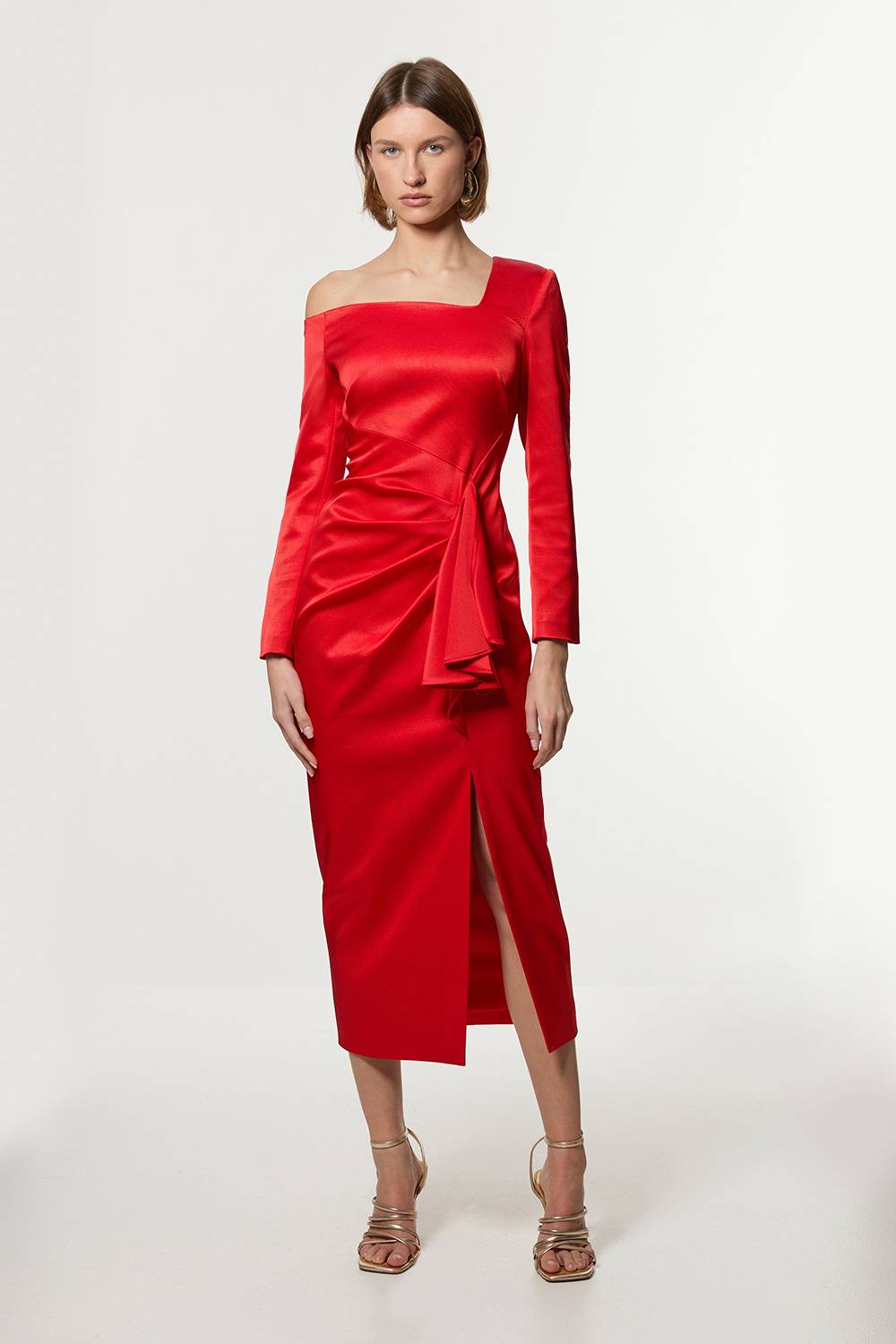 KarenMillen Robe maxi sur mesure Petite en tissu côtelé italien structuré, à encolure asymétrique et drapée