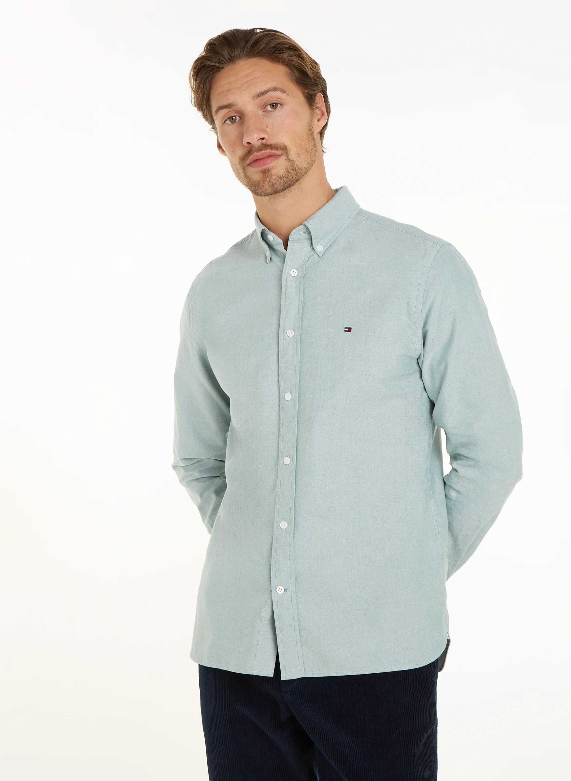 Chemise col américain en coton bio mélangé | Vert