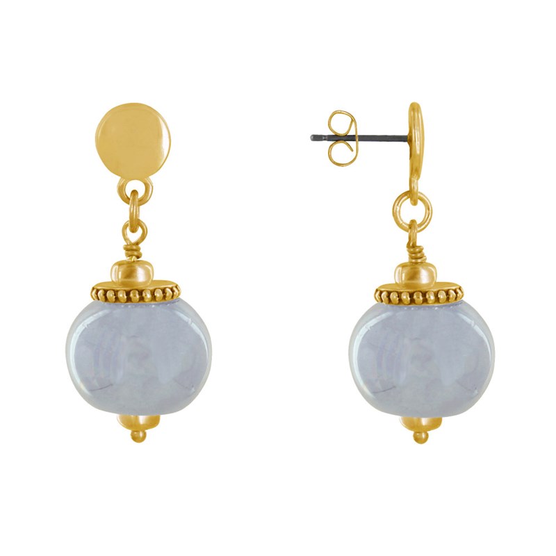 Boucles d'Oreilles Clous Métal Doré et Grosses Perles en Céramique