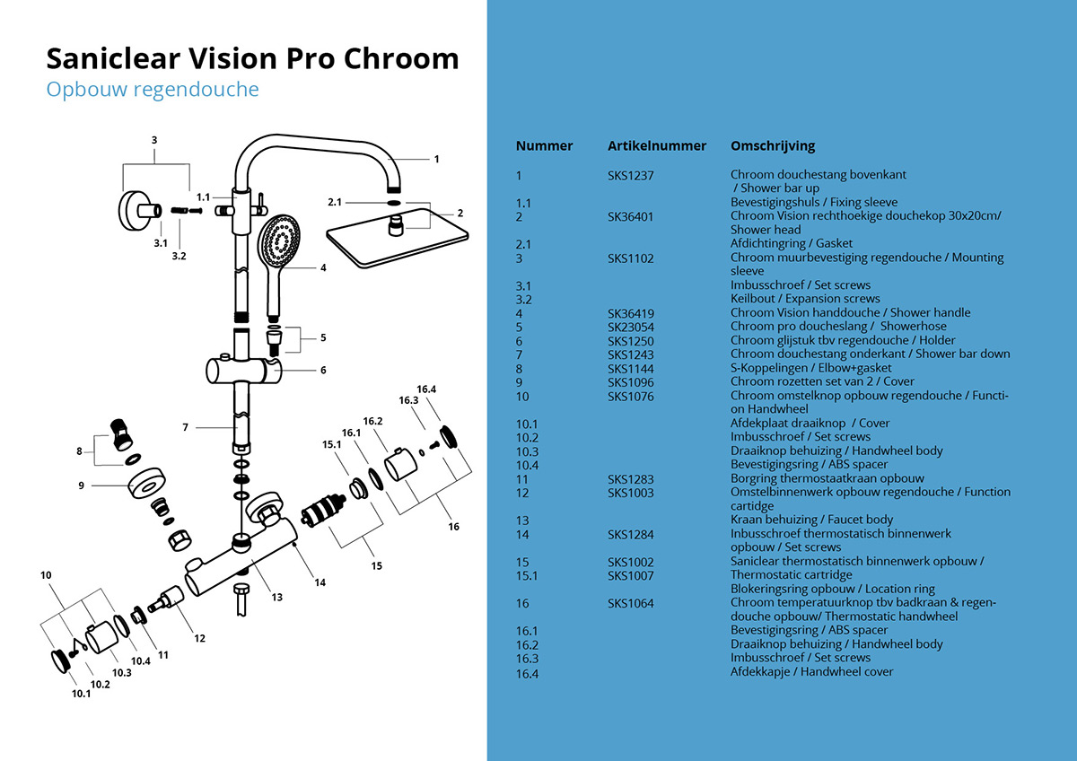 Saniclear Vision Pro opbouw regendouche met 20x30cm hoofddouche chroom