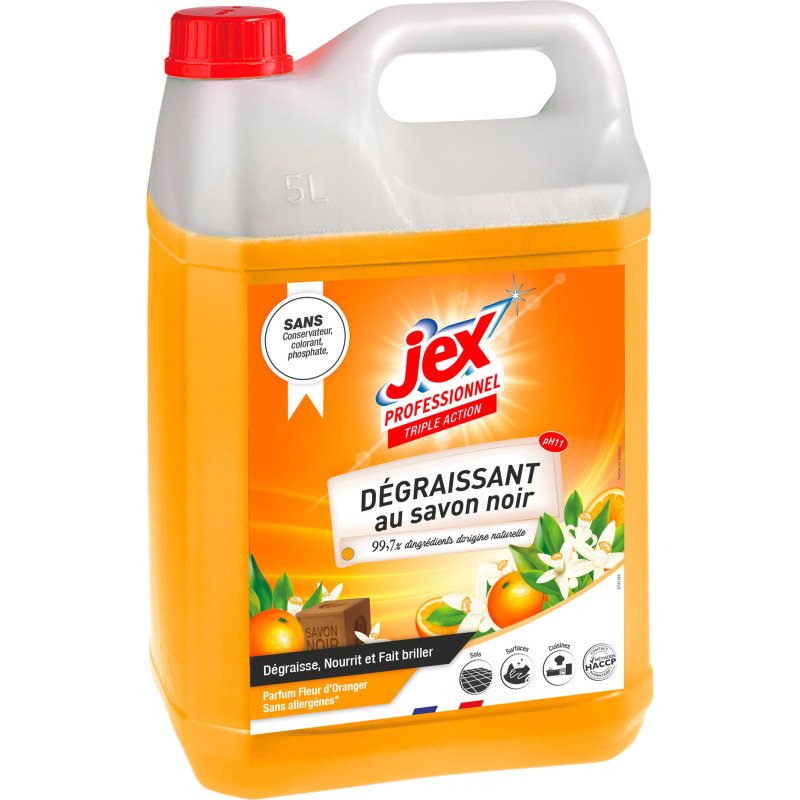 Dégraissant Triple Action au savon noir et à la fleur d'Oranger Jex professionnel - Bidon de 5 L
