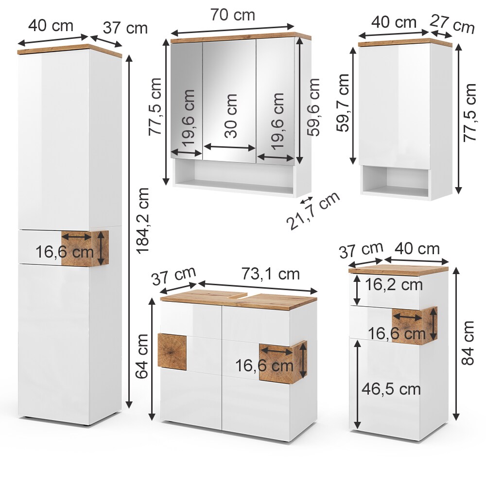 Vicco Badmöbel-Set Badezimmer-Möbel Bad-Schrank Eden Weiß Artisan modern Badezimmerschrank Waschbeckenunterschrank Spiegelschrank Hängeschrank Hochschrank Midischrank Schranktür Schrankfach