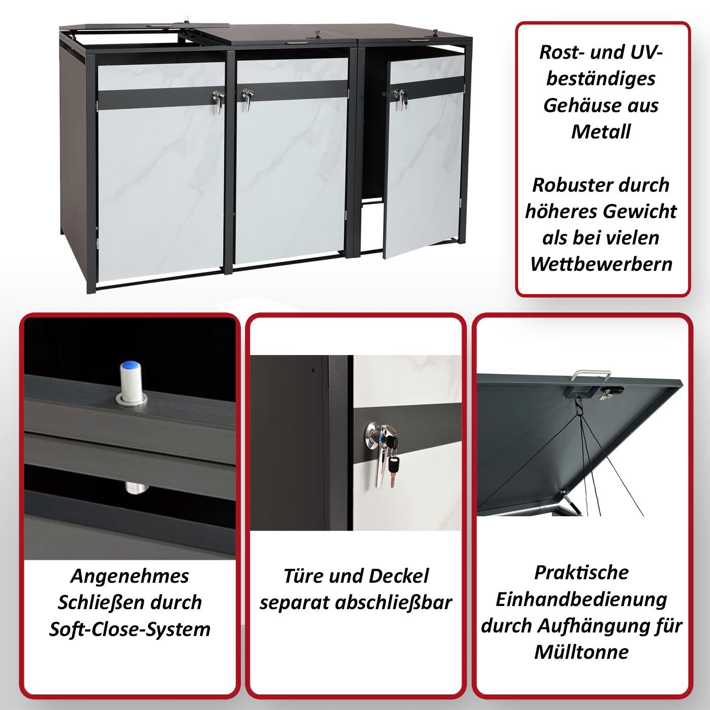 3er Mülltonnenverkleidung MCW-J82, Mülltonnenbox, erweiterbar, Metall 80kg, anthrazit ~ Marmor-Optik dunkel