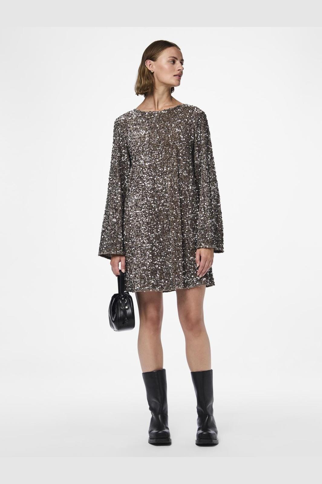 Pieces Pckam Ls Deep Back Bow Dress 4641534 morel silver sequins
