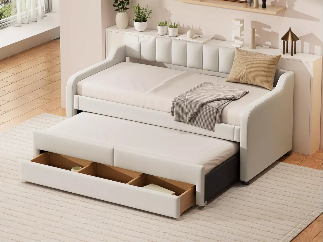 Lit banquette avec tiroirs rembourré en lin - 90x200cm + 90x190cm - Beige