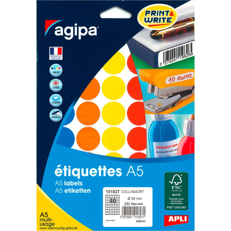 Pastille adhésive Ø 24 mm Agipa 101827 couleurs assorties - Boîte de 280